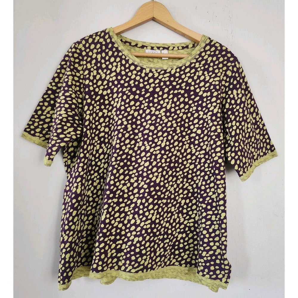 LOGO by Lori Goldstein Womens Sz Large S/S Green Purple Cotton Top Shirt Dots